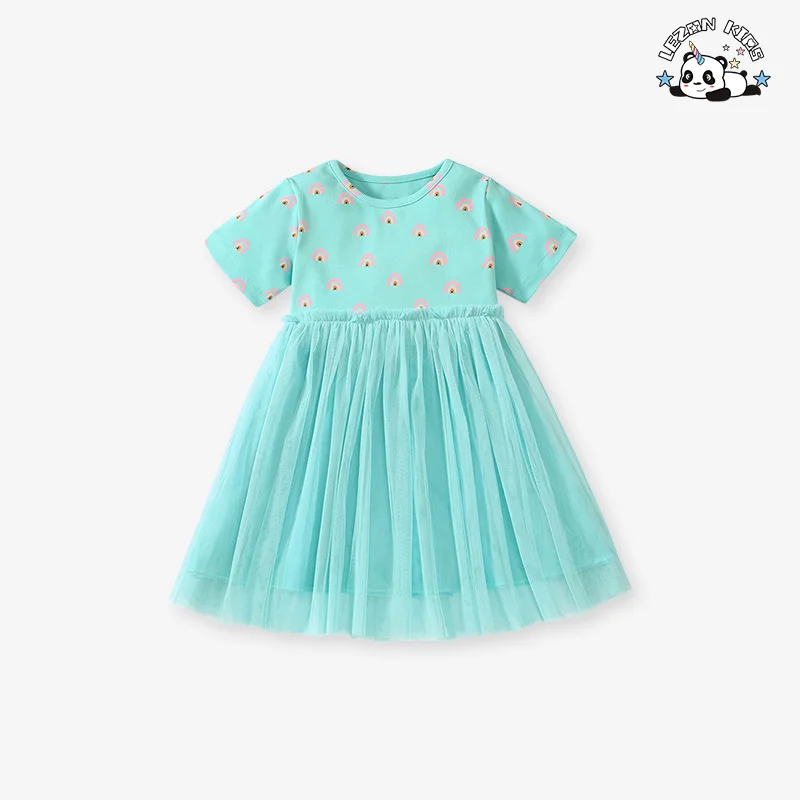 LEZONKIDS - Vestido de malha para meninas com design popular, manga curta e respirável, vestido de princesa casual para crianças de 2 a 14 anos